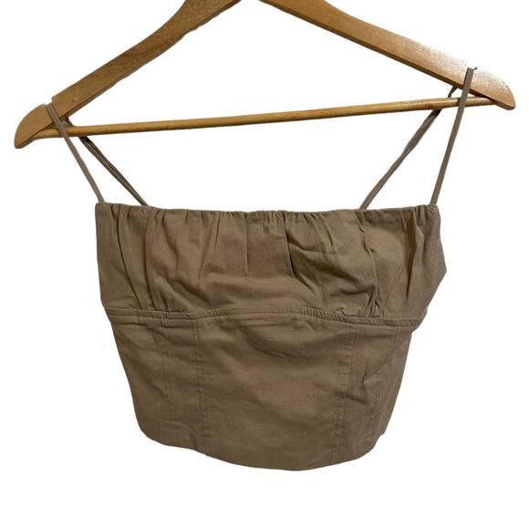 ZARA Cropped Tank Top Ruched Corset Style Square‎ Neck Khaki Brown Size XS - Picture 2 of 5
